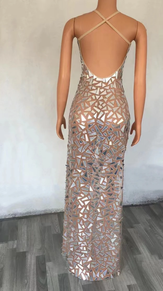 Sparkly Mirror Rhinestones Mesh TransparentSleeveless Split Long Dress Evening WeddingCelebrate Birthday Dress Women Show A115