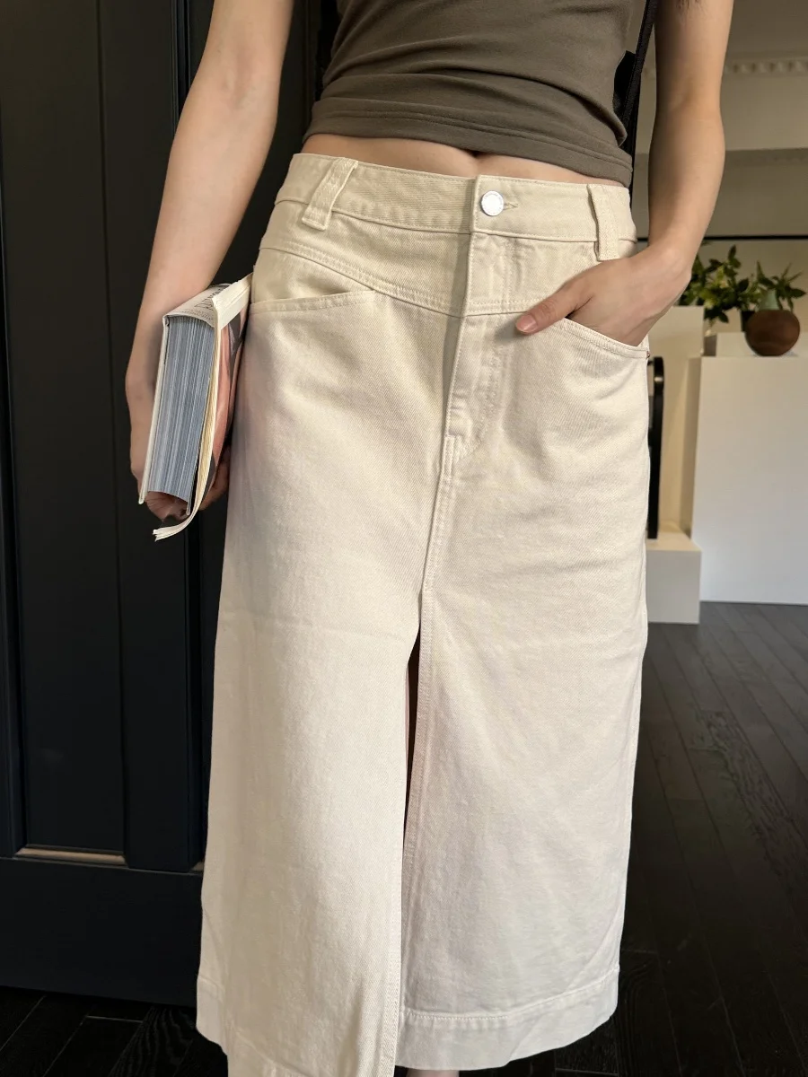 

MAIMAI молочно-белый универсальный пригородный модный комплект из джинсовой юбки и джинсов с застежкой-молнией, женский хлопковый комплект на все сезоны