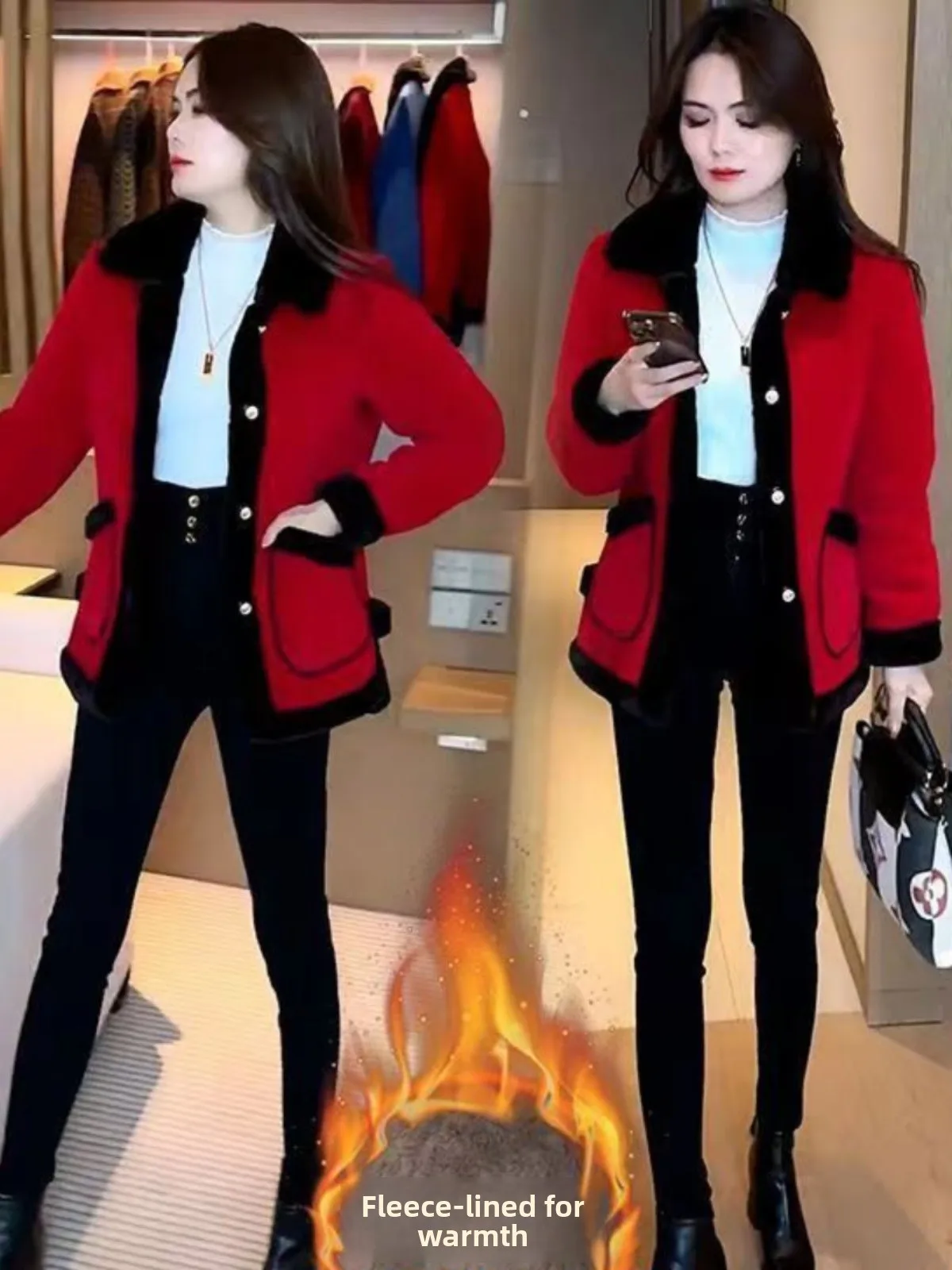 

Fashionable Fleece Lined Thickened Women's Coat Autumn Winter New Style Korean Version Straight Cut Woolen Coat Warm Long Sleeve