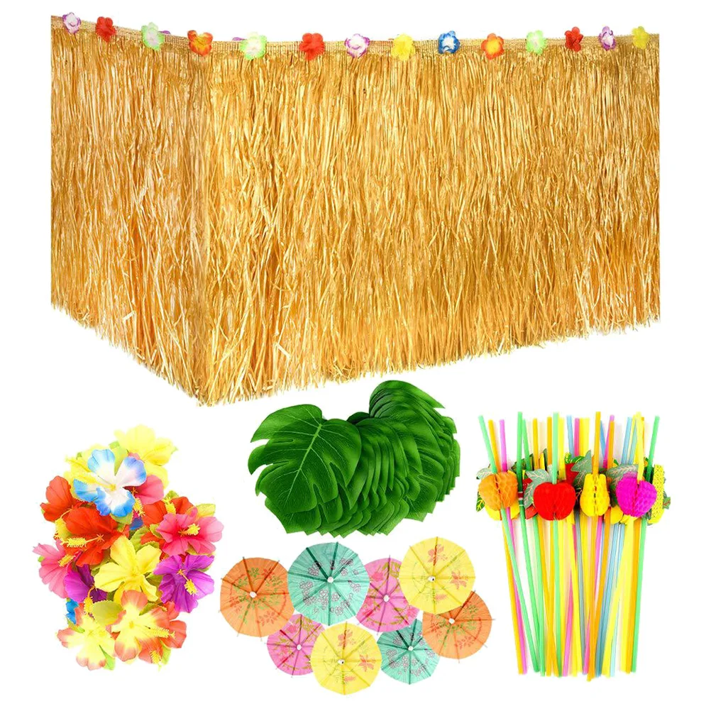 

Hawaiian Table Skirt Set Reusable Luau Monstera Hibiscus Flower Grass Cocktail Theme Summer Atmosphere