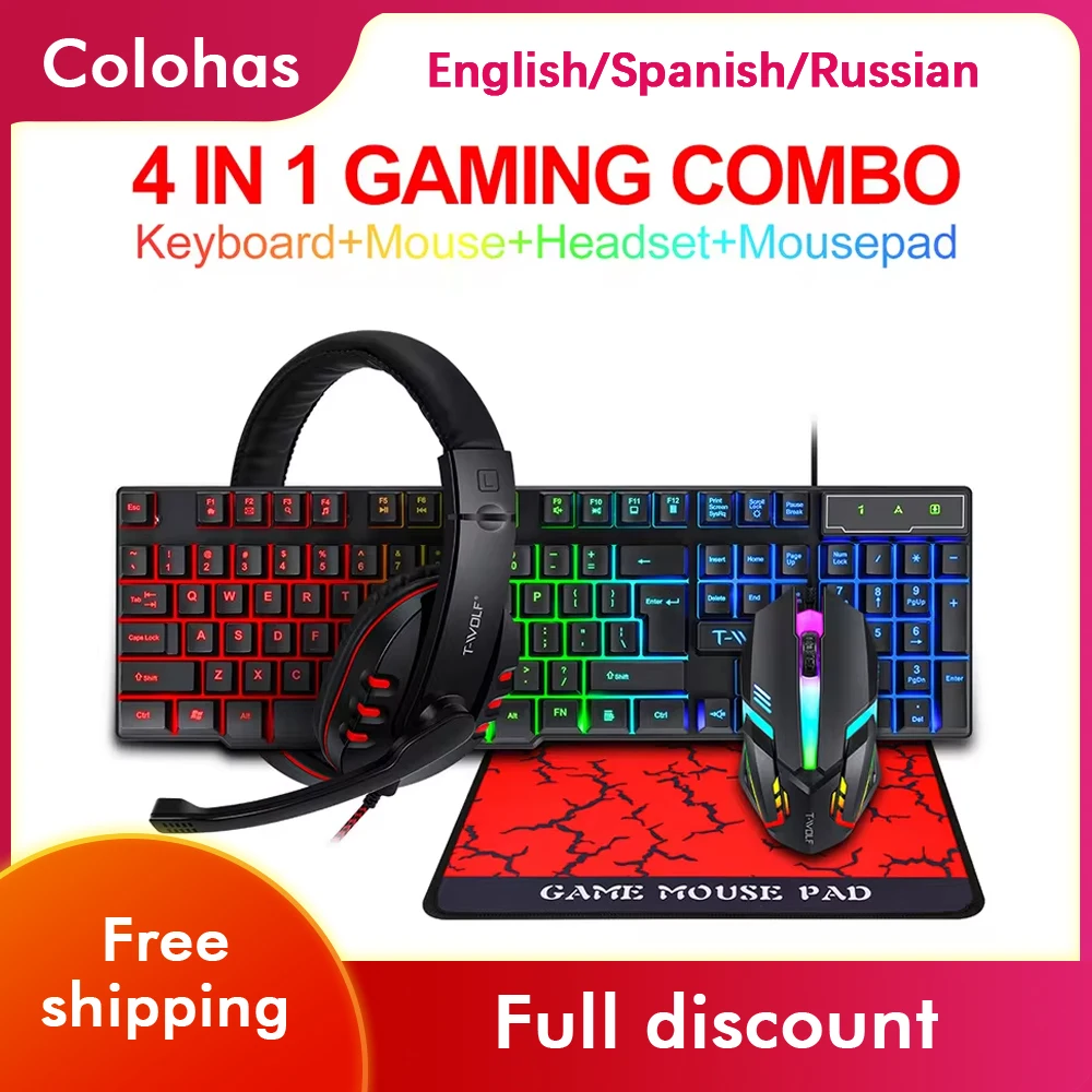 

Keyboard Mouse Earphone Set 4in1 Wired Game Home Office Set Computer Accessories Luminous Keyboards E-sports Gaming Accessories