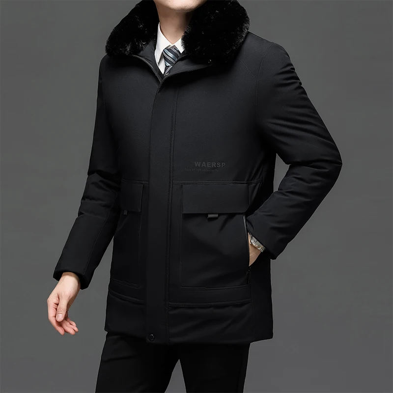 2024 Coat Men\'s Cotton Jacket Winter Clothing Middle-aged And Elderly Thickened & Warm Wool Collar Mid Length Overalls For Men