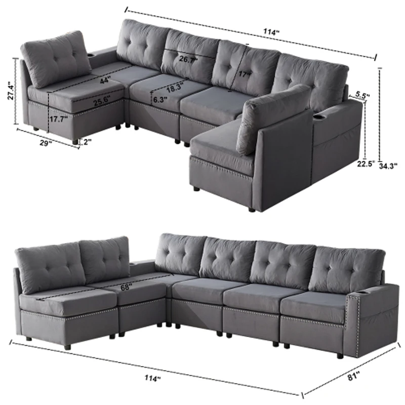 Velvet modular combination sofa with storage, living room combination sleeper sofa (Gray)