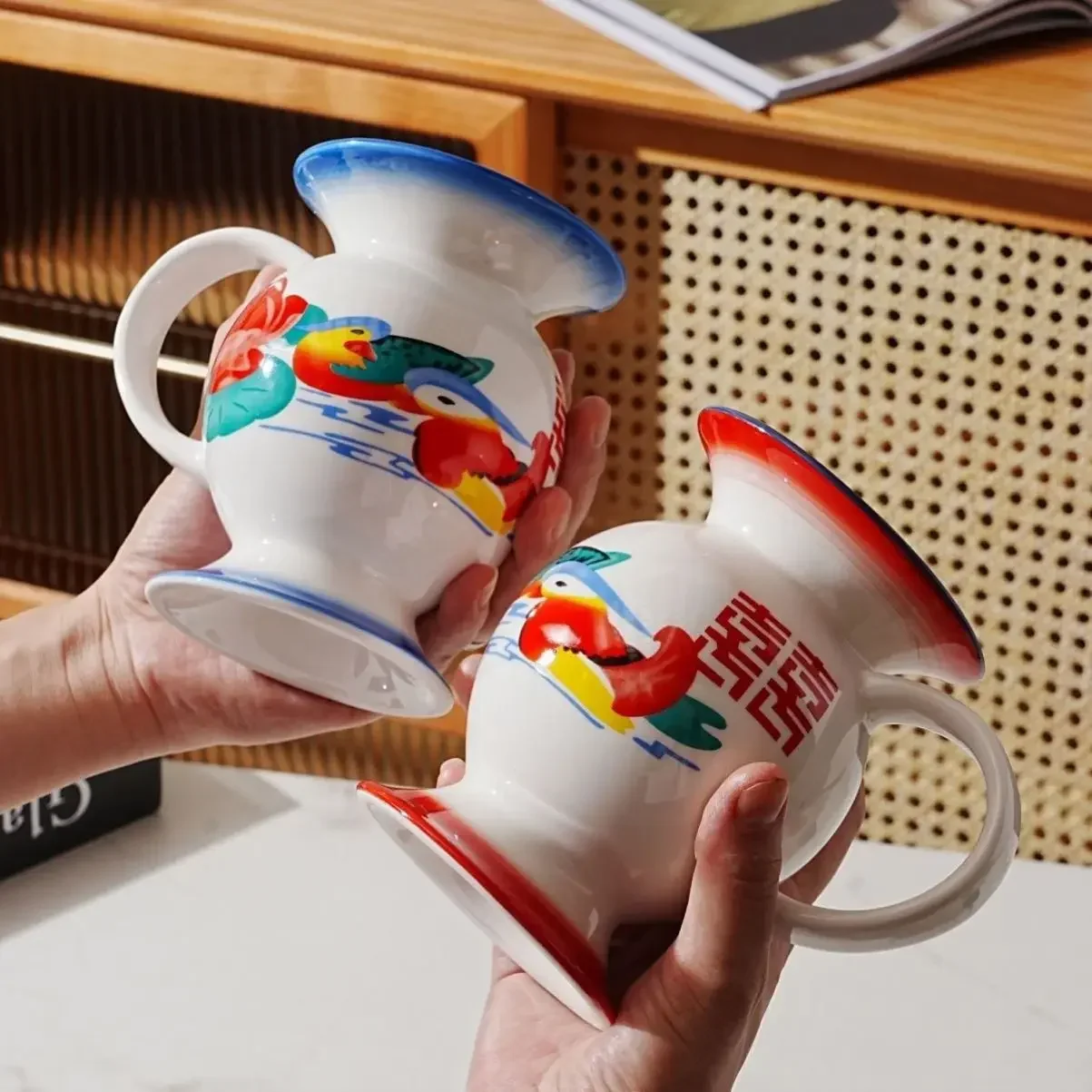 Chinese Style Novelty Mug Ceramic Spittoon Shape Water Cup Animal Printing in-Glaze Decoration Retro Funny Personalized Red Blue