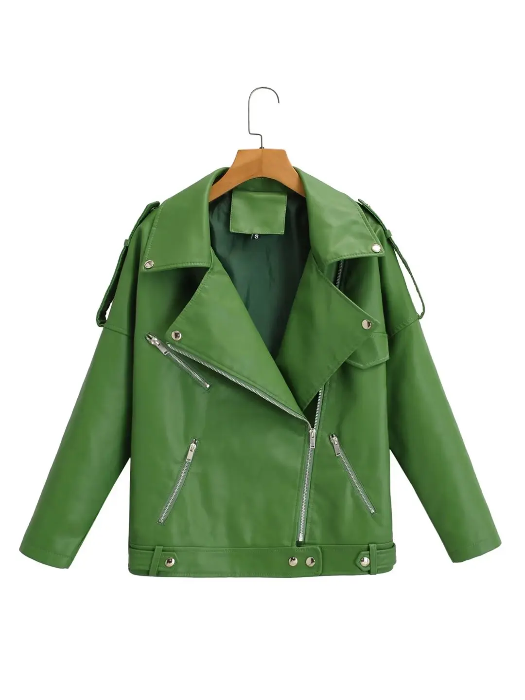 Women Loose Pu Leather Jacket Black Soft Faux Leather Jacket Street Moto Biker Leather Coat Jacket Lady Casual Outerwear Green