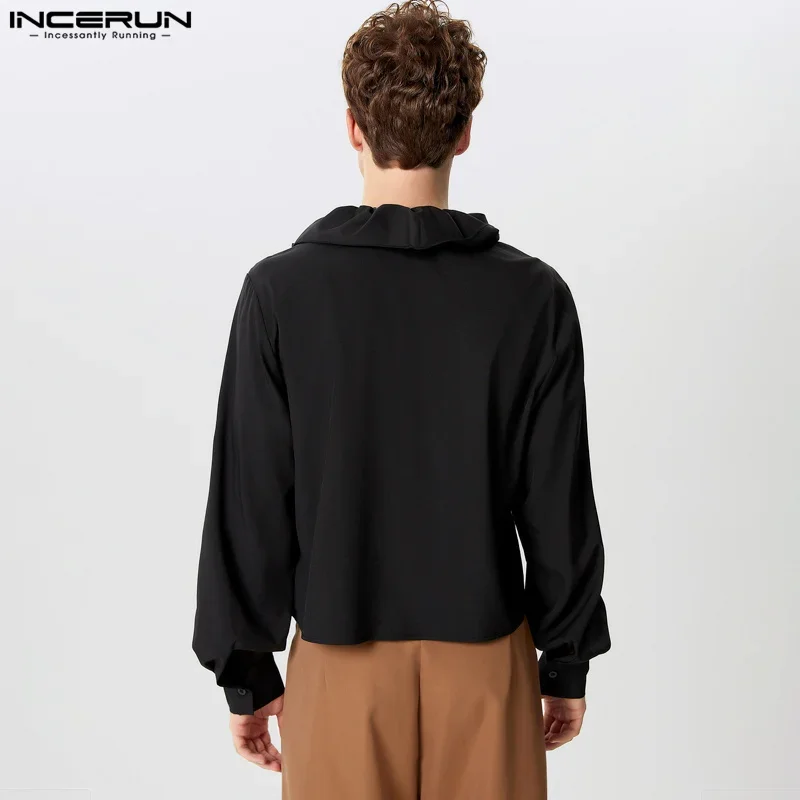 

INCERUN Men's Shirts Mesh Patchwork V Neck Long Sleeve Transparent Ruffle Casual Men Clothing Streetwear 2025 Fashion Camisas