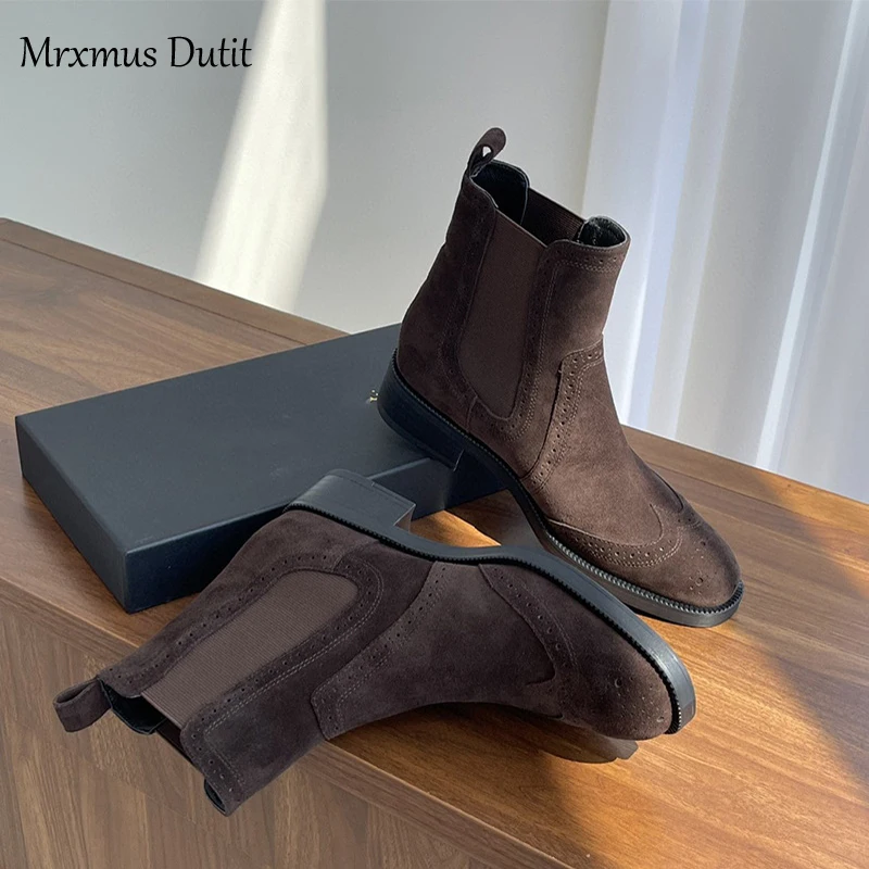 Mrxmus Dutit Winter New Women\'s Shoe Head Layer Cowhide Round Head Carved Flat Mid-Heel Ankle Boots English Style Chelsea Boots