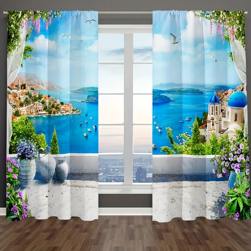 2 Panels Seaside Tropical Scenery Curtains Rod Pocket Curtain Suitable For Villa Resorts Farmhouse Living Room Bedroom Offices