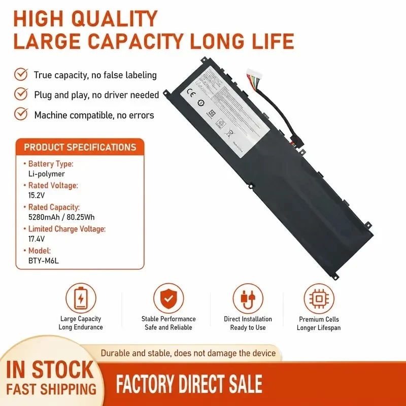 [NEW] 15.2V 80.25Wh Long‑Life Laptop Battery BTY‑M6L for MSI for PS42 P65 P75 PS63 GS65 GS75 Battery