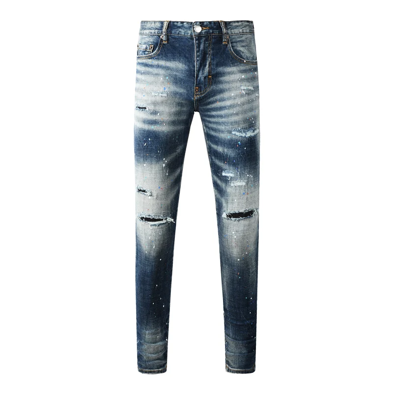 Designer Fashion New Men's Jeans, Perforated, Painted, Washed, Retro Stretch, Slimming, Blue Jeans, Hip Hop Brand Pants, Hombre