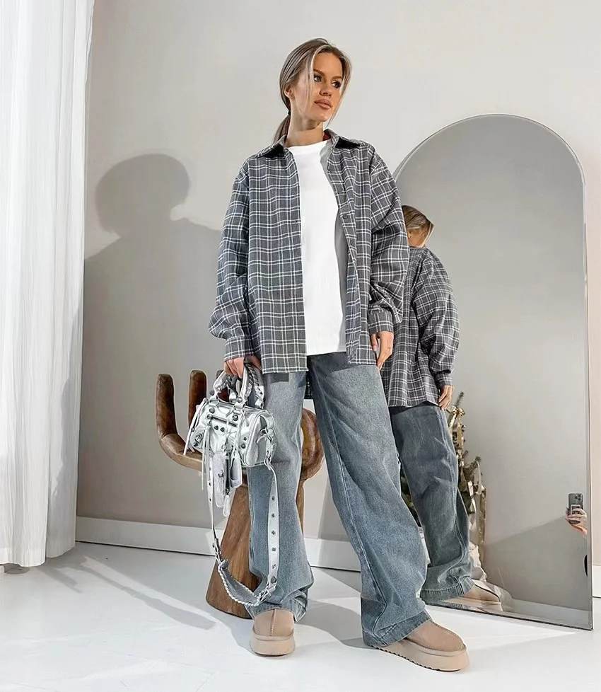 

New 2026 Spring Autumn Street Style Gray Plaid Shirts Elegant Women Long Sleeve Vintage Oversize Blouses Tops Spring Female Chic
