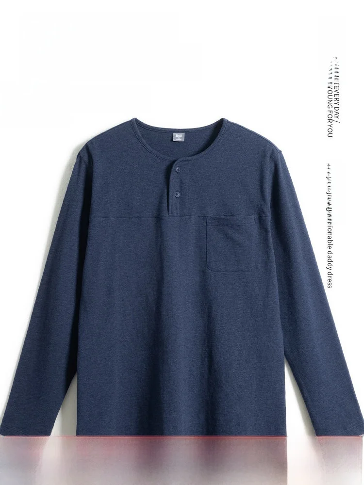 

Men's Pure Cotton Long Sleeve T-Shirt Spring Fashion Casual Loose Fit Henry Collar Top for Middle-Aged And Elderly