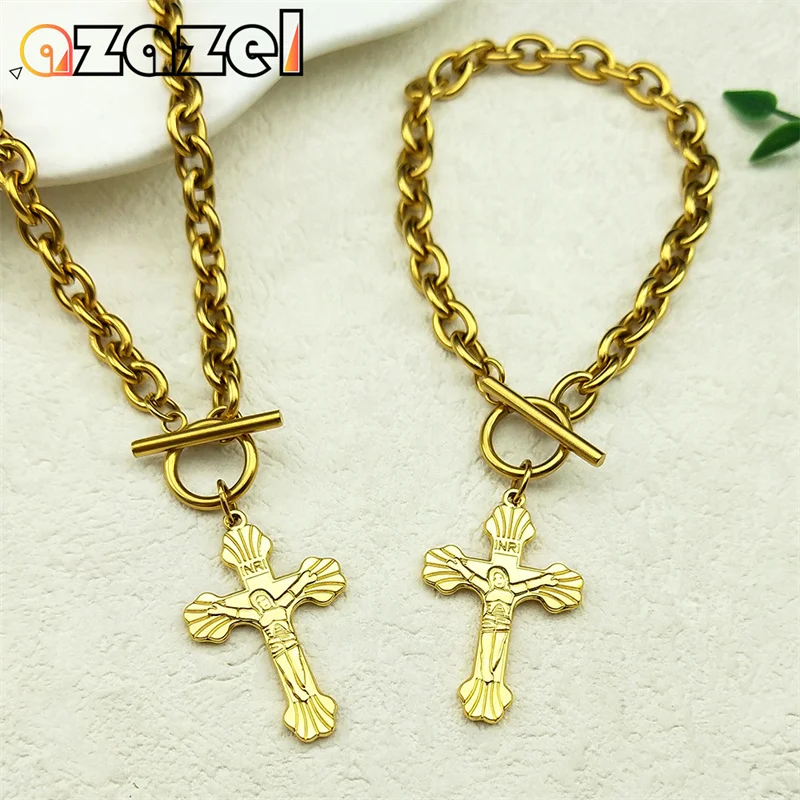 

Stainless Steel Catholic Jesus Cross Pendants Necklaces Bracelet Set for Men Women Gold Color Hip Hop Necklaces Jewelry Gift