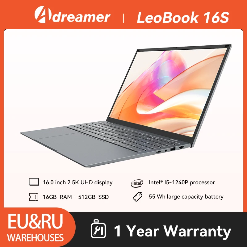 Adreamer per laptop LeoBook 16S, Ultrabook 16 pollici, 2,5 K IPS, Intel i5-1240P, 16 GB DDR 1 TB SSD Windows 11 PC, 4,4 GHz 100% sRGB NotebooK