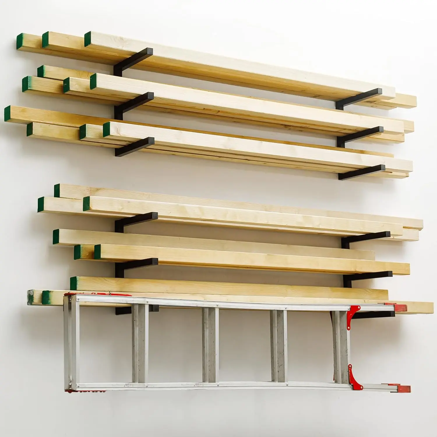 

Heavy Duty Wall Mounted Lumber Storage Rack, 6-Shelf Metal Organizer Holds 200 Lbs Each, Indoor Outdoor Use - Black