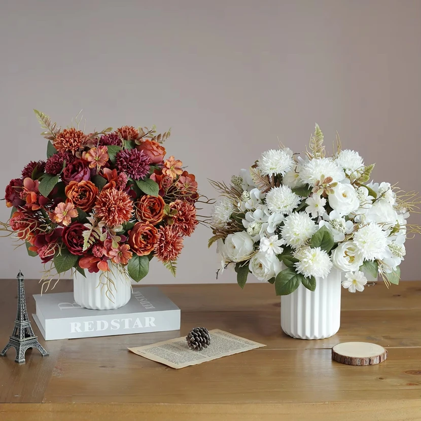 

1PC Artificial Roses Flowers Home Room Decoration Wedding Party Bridal Bouquet Garden Fake Silk Peony Hydrangeas Vase Autumn Diy