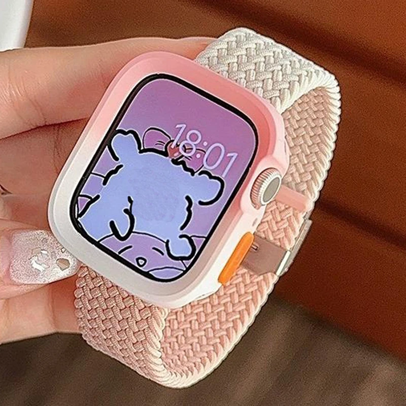 Cute Nylon Two Color Weave Strap For Apple Watch 49MM 45MM 44MM 41MM 40MM Gradient Anti Fall Case Set For iWatch 9 8 7 6 5 4 SE