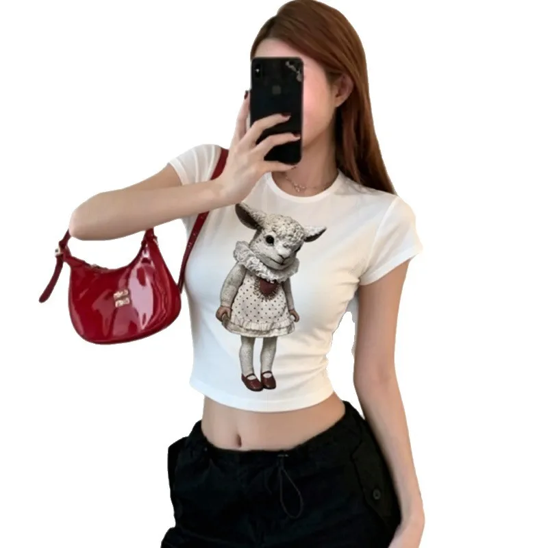 Ntage Cute Lamb Doll Print Women Crop T Shirt Y2K Kawaii Sheep Graphic Slim Fit Short Sleeve Cropped Tee Tops Women Clothing