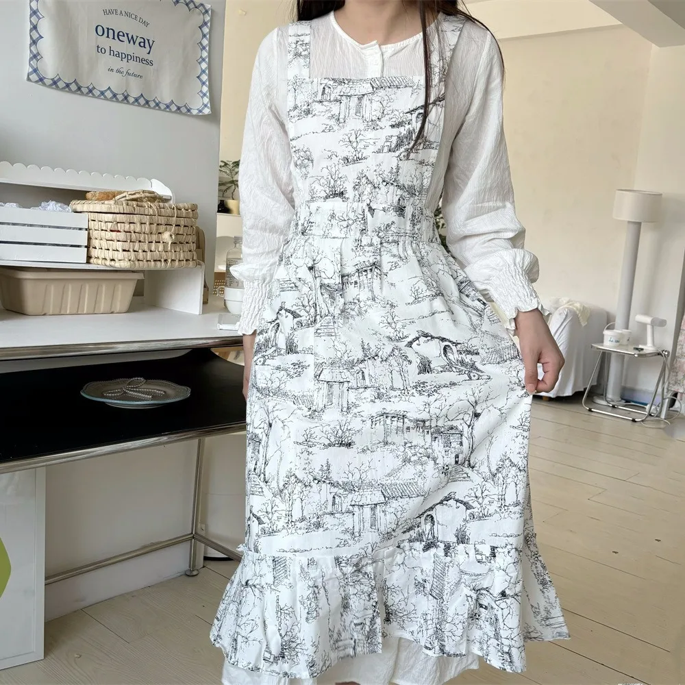Kobiety Ruffles Fartuch Bawełna Malowanie tuszem Sztuka Smock Koreański Styl Kuchnia Kelner Mundury do Kuchni Ogród Manicure Sklep Fartuchy