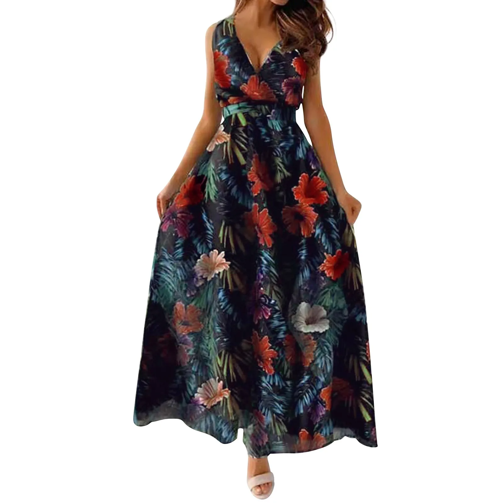 Hawaiian Holiday Style Dresses For Women Summer Casual Print Bandage Elastic Waist V-Neck Sleeveless Dress Flowy Big Hem Dress