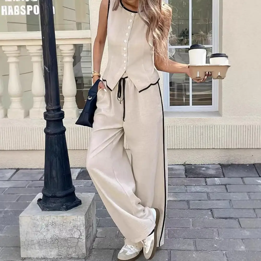 

New Summer Women Contrast Color Sleeveless Single Breasted Vest + Drawstring Pants Two Peice Set 2026 women Vest Top + Pant Suit