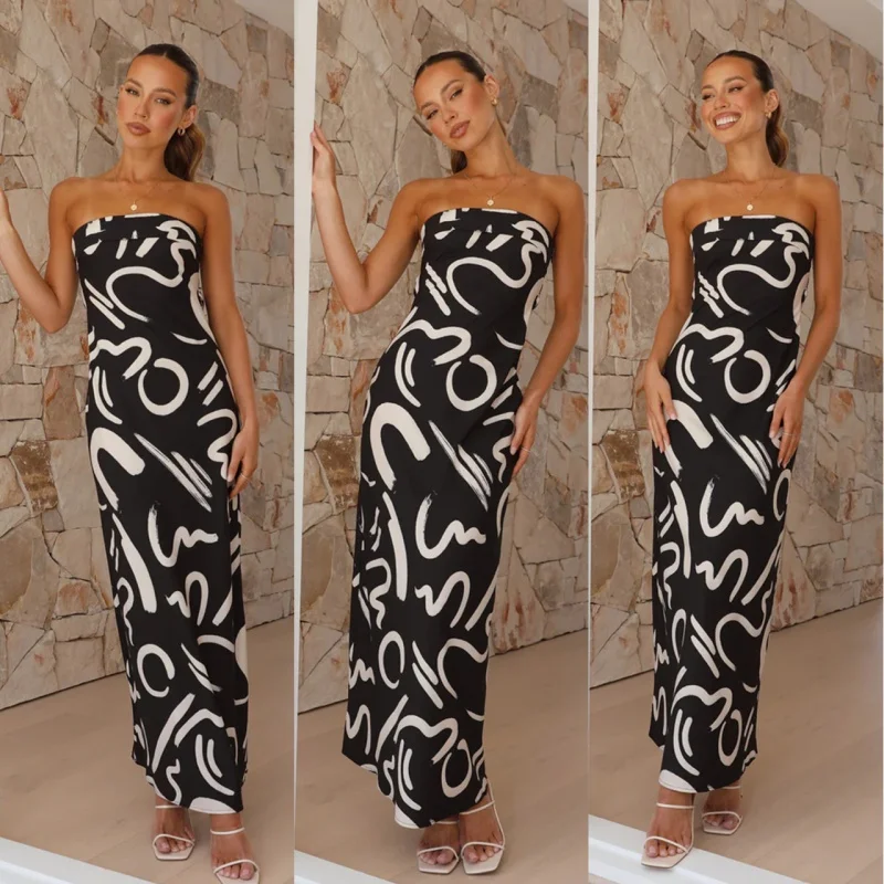 

CXY-2024Spring and Summer New Women's Clothing Fashion Printing Tube Top Backless Sexy Dress-2