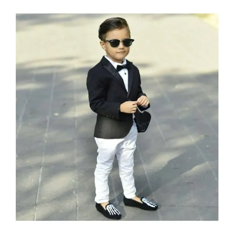 Black Boy Suits Kids Formal Wear Slim Peaked Lapel One Button Fit Boys Tuxedo Suit Set (Jacket+Pants+Bow)