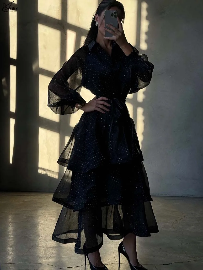 

Oymimi Casual Black Rhinestone Dresses 2025 Woman Elegant Long Sleeve Button Lace-Up Dresses Fashion Cascading Ruffled Dress