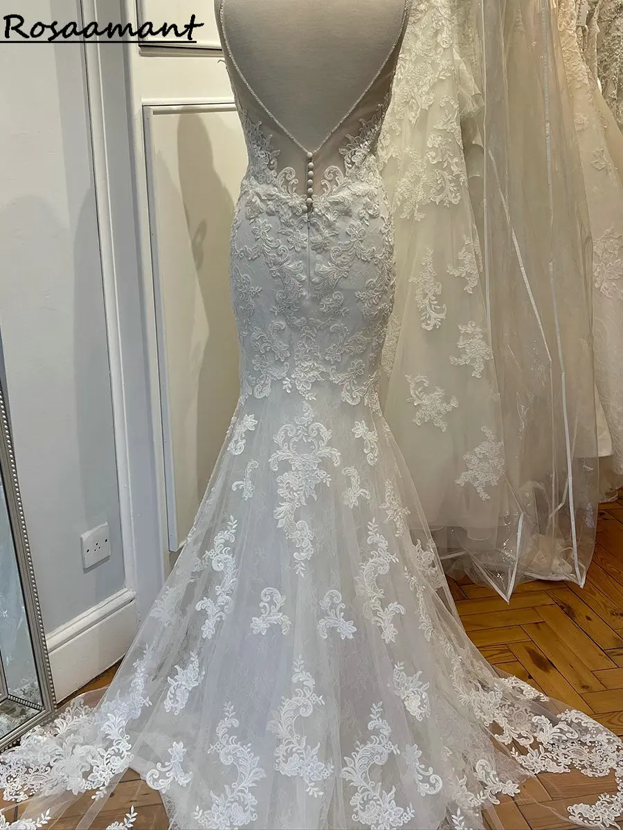 Robe de Mariée Sirène avec Bretelles Spaghetti et Perles, Dos aux, Appliques en Dentelle, pour Patients