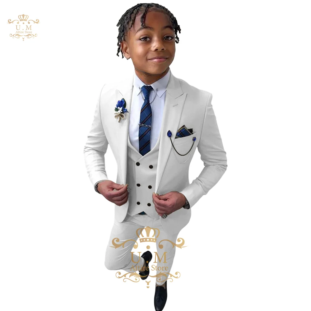 

Classic White Boys' Suit Tuxedos 3 Pieces single-breasted blazer vest pants, Custom Formal Handsome Wedding Party Suits For Kids