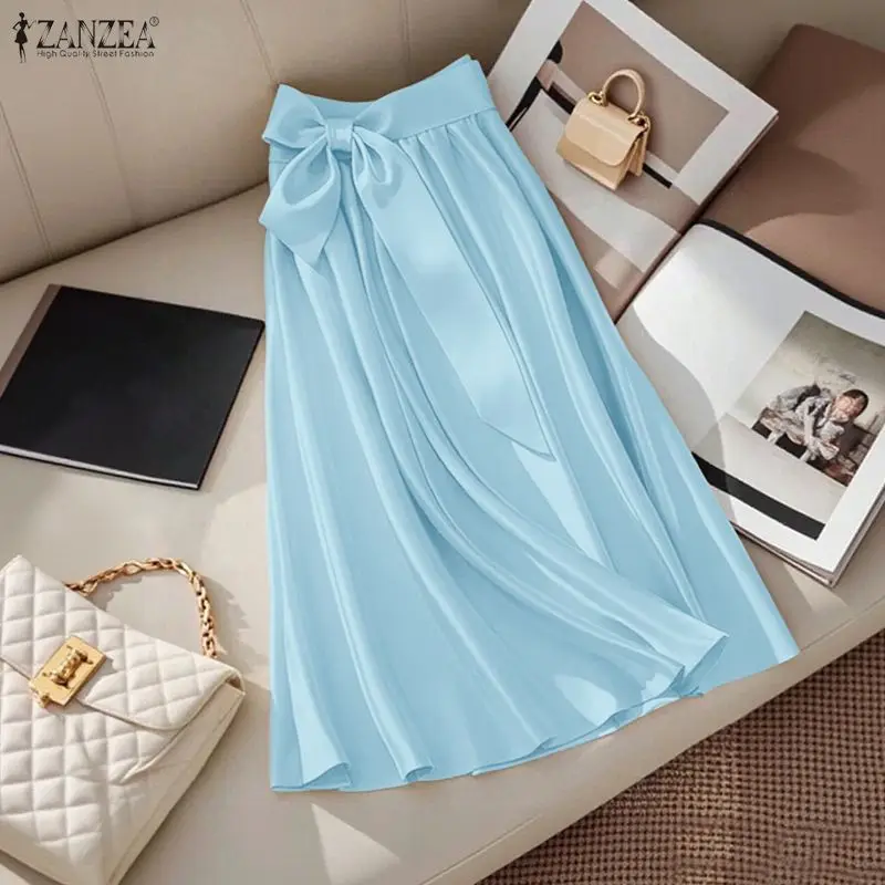 ZANZEA Elegant Satin Skirts Women Fashion High Waist Bow Long Bottoms Spring Casual Solid Elastic Waist Party Jupes Faldas Saia