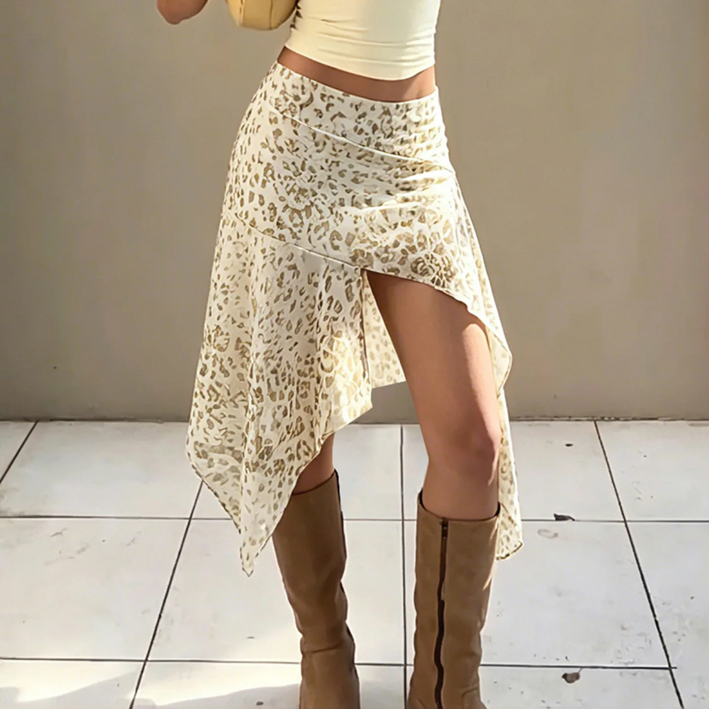 Summer Fashion High Waist Leopard Print A Pendulum Irregular Skirt Medium and Long Skirt Women