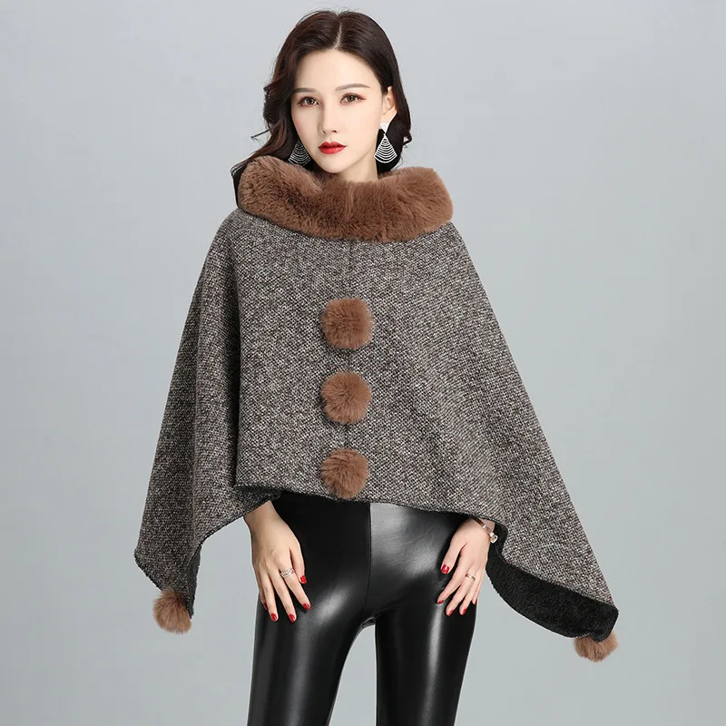 Women Fashion Faux Fur Shawl Imitation Rex Rabbit Fur Collar Cape Cloak  Thermal Loose Plush Shawl Wrap Shrug Poncho Coat