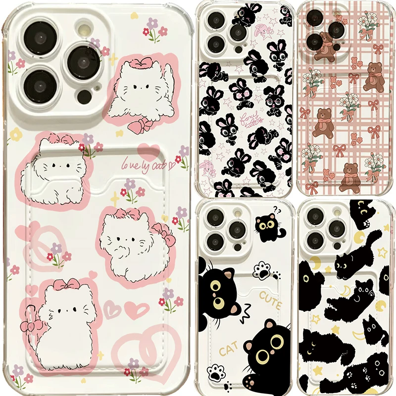Cute Kitten Bow Bear Card Holder Case For Samsung A56 A17 A07 A55 A06 A54 A53 A35 A34 A15 A32 A14 A52 A36 A12 A33 5G Soft Cover