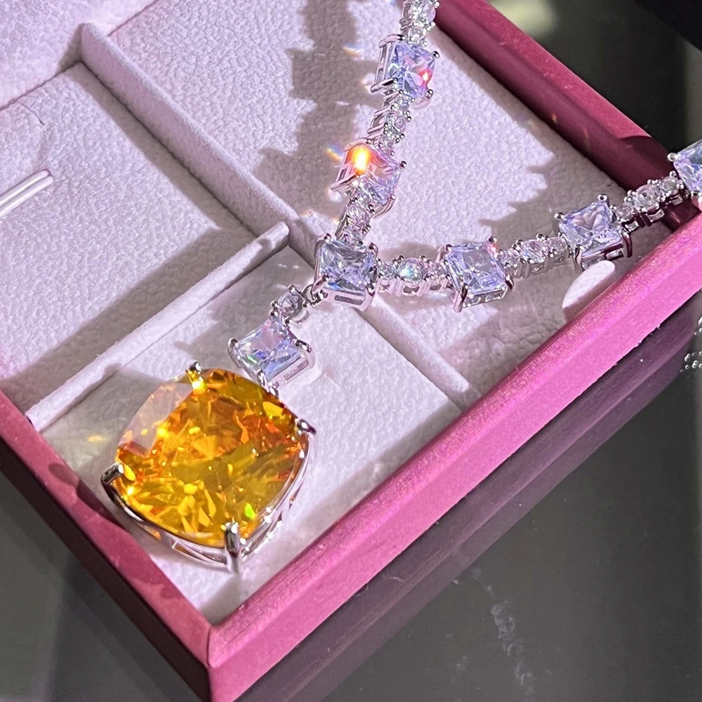 Cushion Cut 20*20mm Artificial Diamond Yellow Crystal Square stone Tennis Chain Necklaces For Women Party Jewelry Wholesale