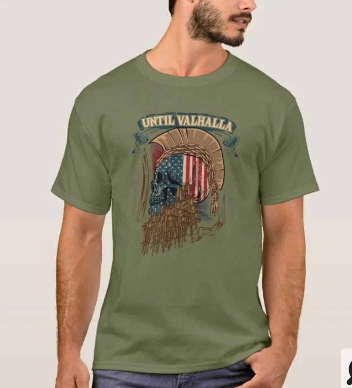 Until Valhalla. Vintage USA Flag Vikingies Warriors Skull T-Shirt 100% Cotton O-Neck Short Sleeve Casual Mens T-shirt Size S-3XL