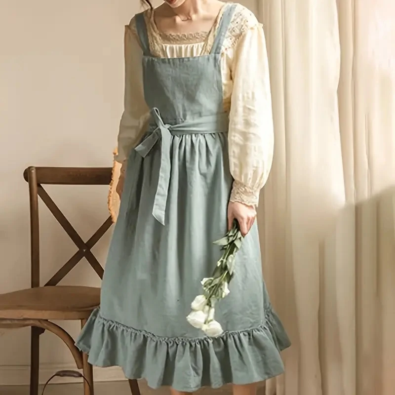 1pc Vintage European Apron Artistic Florist Design Ruffled Hem Kitchen Baking Apron Solid Color with Nordic Style for Wedding