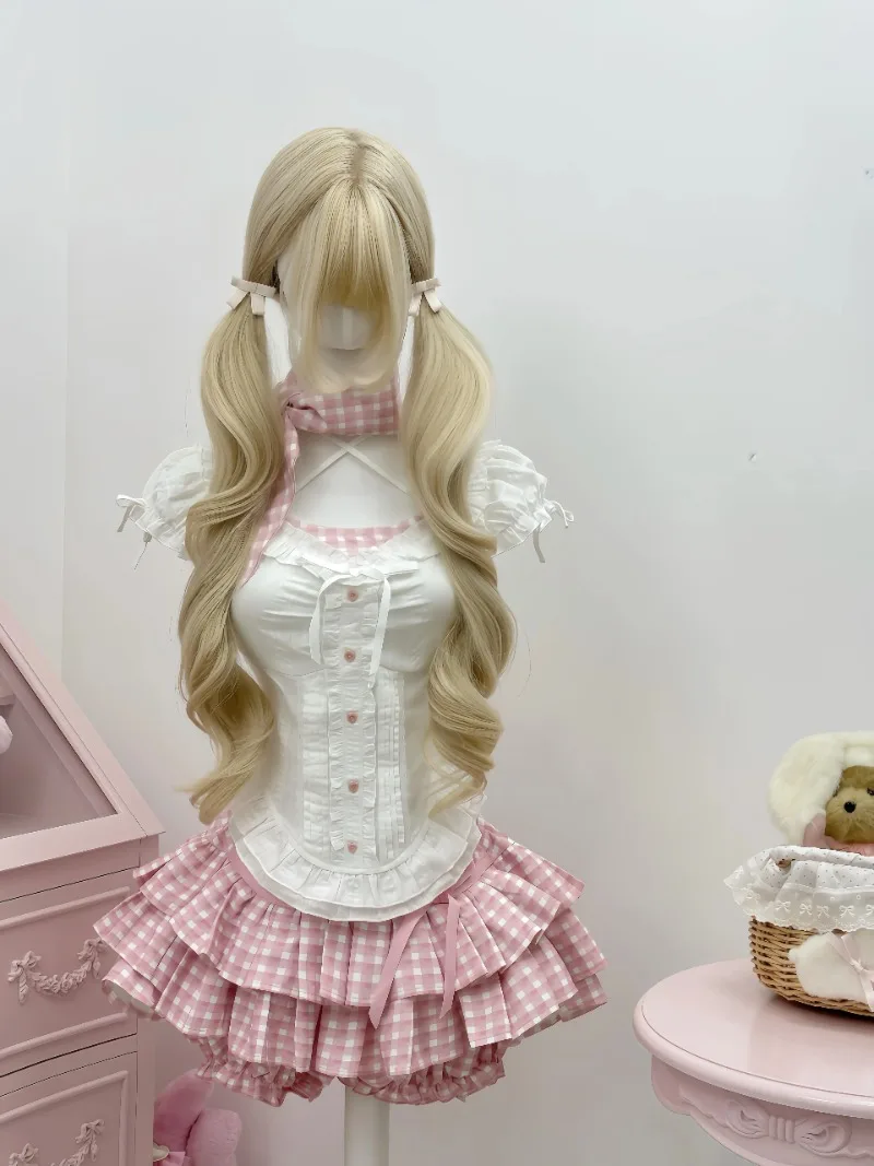 Sweet Soft Girl Bubble Sleeves Neck Splicing Pink Plaid Slim Fit Top Blouse Women's Summer Plaid Fluffy Cake Skirt Set Outfits