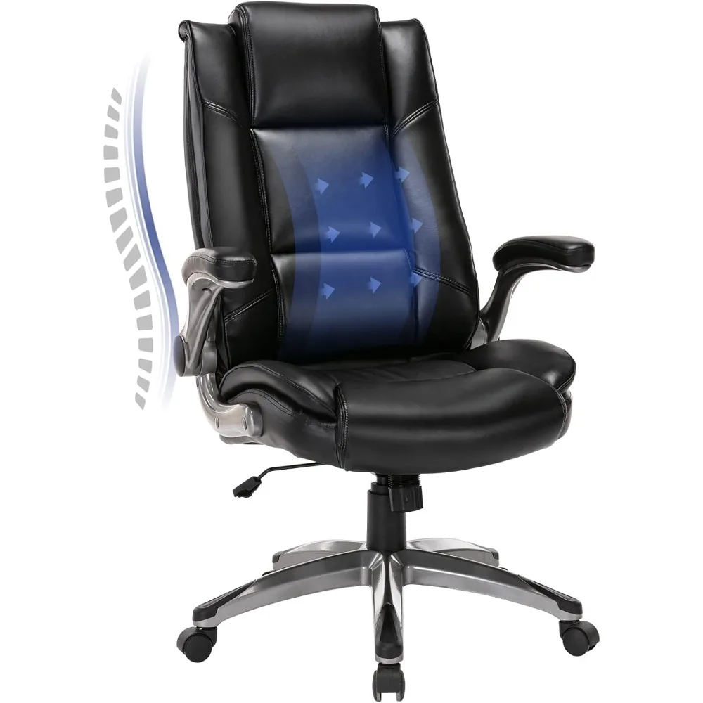 

Leather Executive Office Chair - High Back Home Computer Desk Chair with Padded Flip-up Arms, Adjustable Tilt Lock, Swivel Rolli
