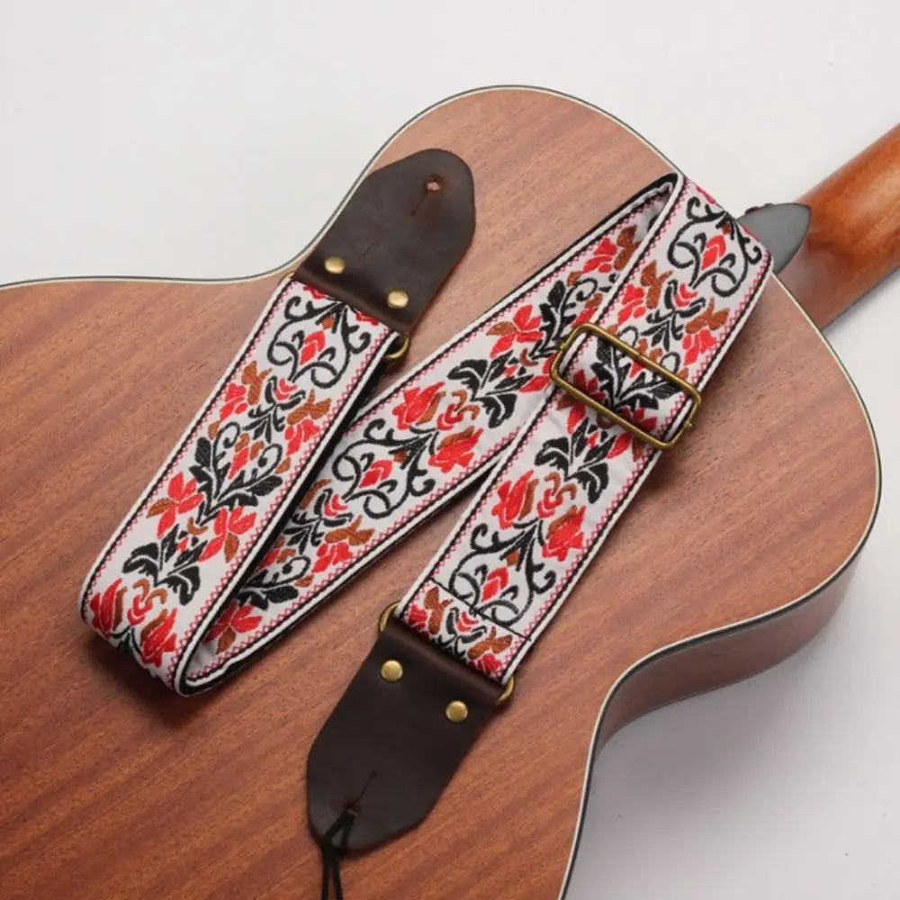 Vintage Flowers Embroidered Guitar Strap Tail Nail Pick Leather Head Guitar Strap Belt Cotton Ultra Thick Electric Guitar Belt