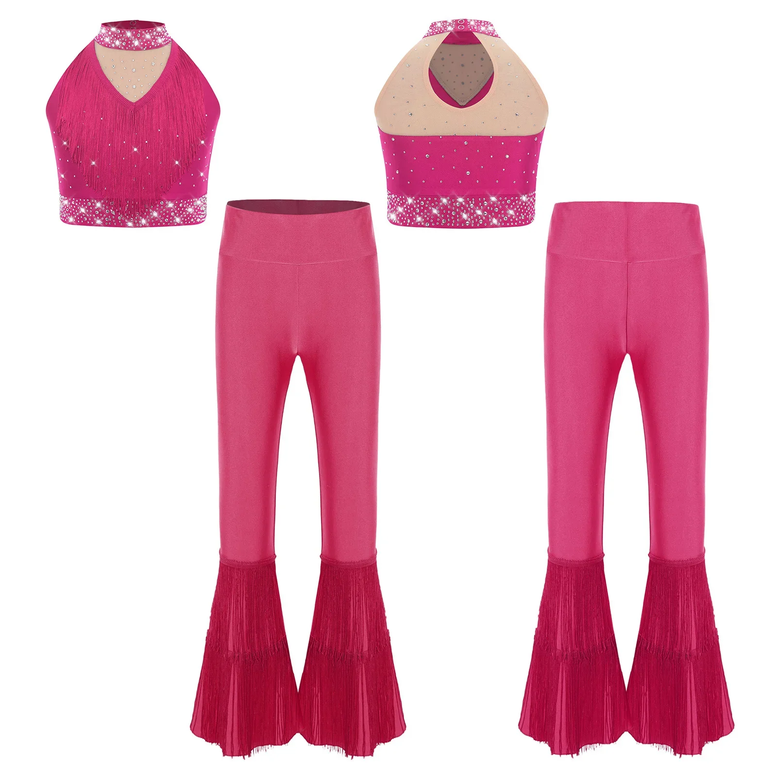 Kids Girls Latin Dance Clothing Mock Neck Sleeveless Fringe Sparkly Vest with Flared Pants for Professional Dance Competition