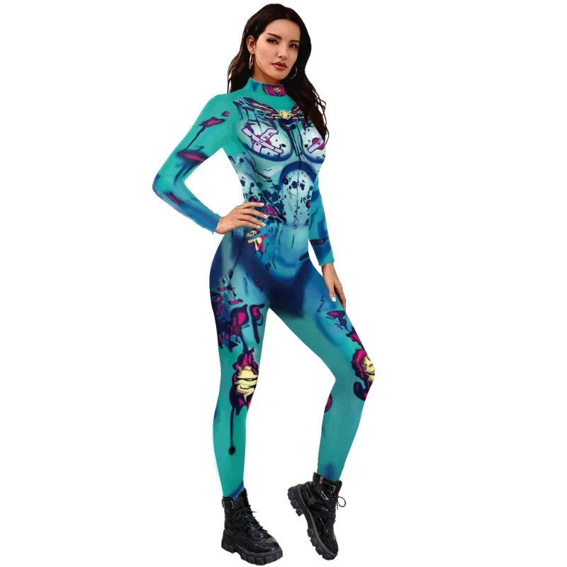 Teanoon Blauwe Zombies Jumpsuit Halloween Verschrikkelijk Cosplay Kostuum Monster Bodysuit Skinny Festival Zentai Pak Feest Volwassen Outfit