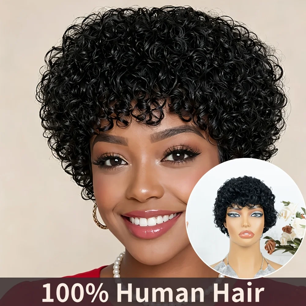 Short Pixie Cut with Curly Wave,Full Machine Made Human Hair 180% Density Suitable for K-Pop Hairstyles, Instant Volume & Look
