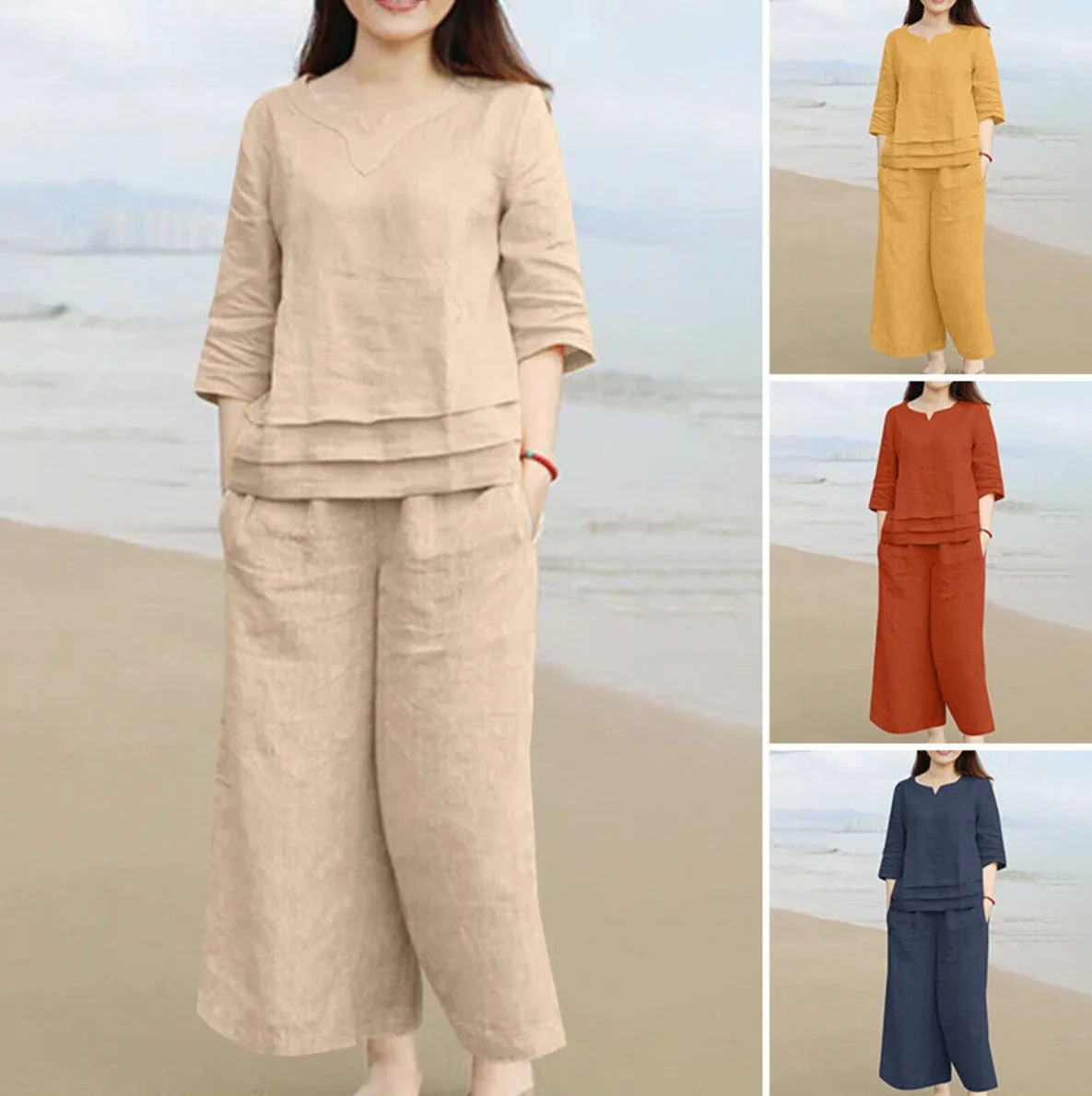 

2025 Cross-Border Women's Cotton Linen Casual Loose Color Two-Piece Set Spring Summer Autumn Winter Seasonal Wear