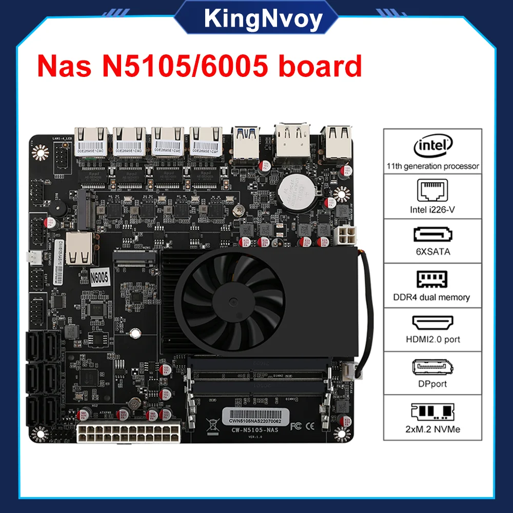 Pentium N6005 Mini ITX NAS Industrial Motherboard Firewall Routing 4x Intel i226-V LAN 2*M.2 NVMe 6*SATA3.0 2*DDR4 DP1.4 HDMI2.0