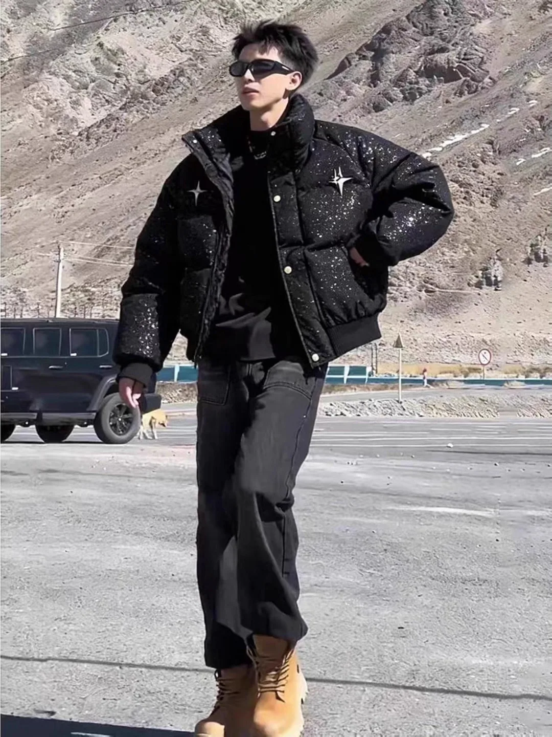 

Men's Bla down Cotton Jaet Thi Warm Winter Coat Stand Collar Bread Sle Clothing Stand Fit Long Sve Casual Wear