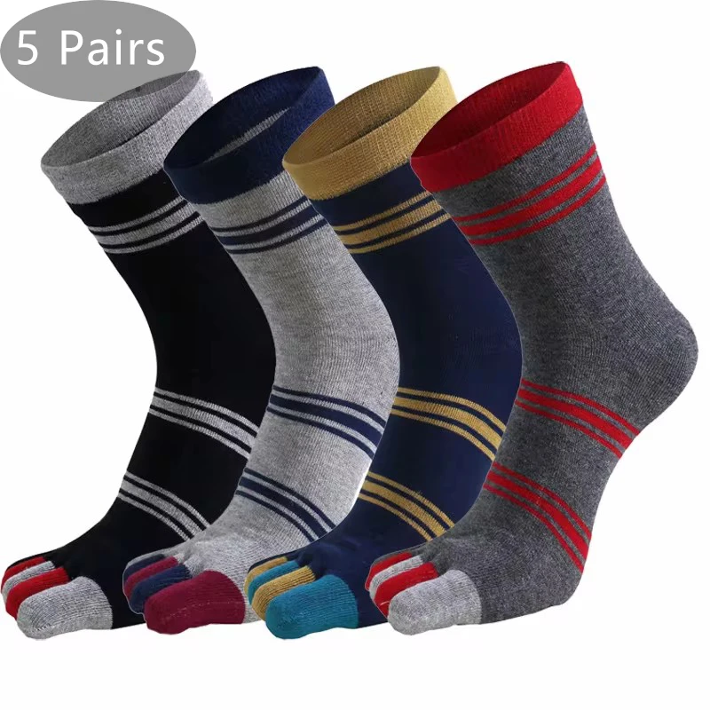 5 Pairs Man Short Toe Socks Pure Cotton Striped Business Vintage Sweat-Absorbing Soft Elastic Party Dress 5 Finger Socks Sokken