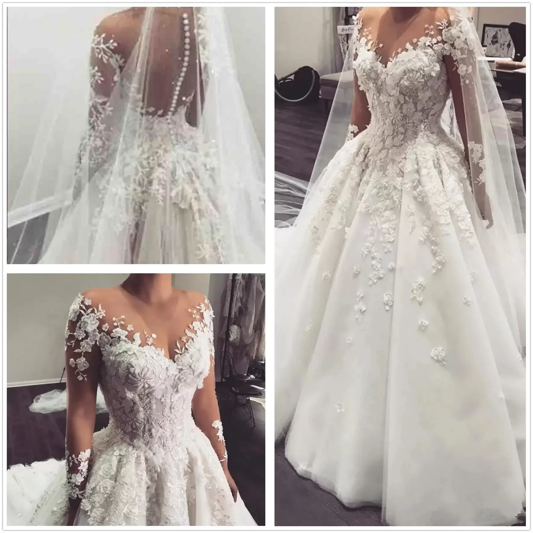 2025 Custom Elegant Lace Arabic Sheer Long Sleeves Wedding Dresses Gown Tulle Applique 3D Floral Wedding Gowns With Buttons