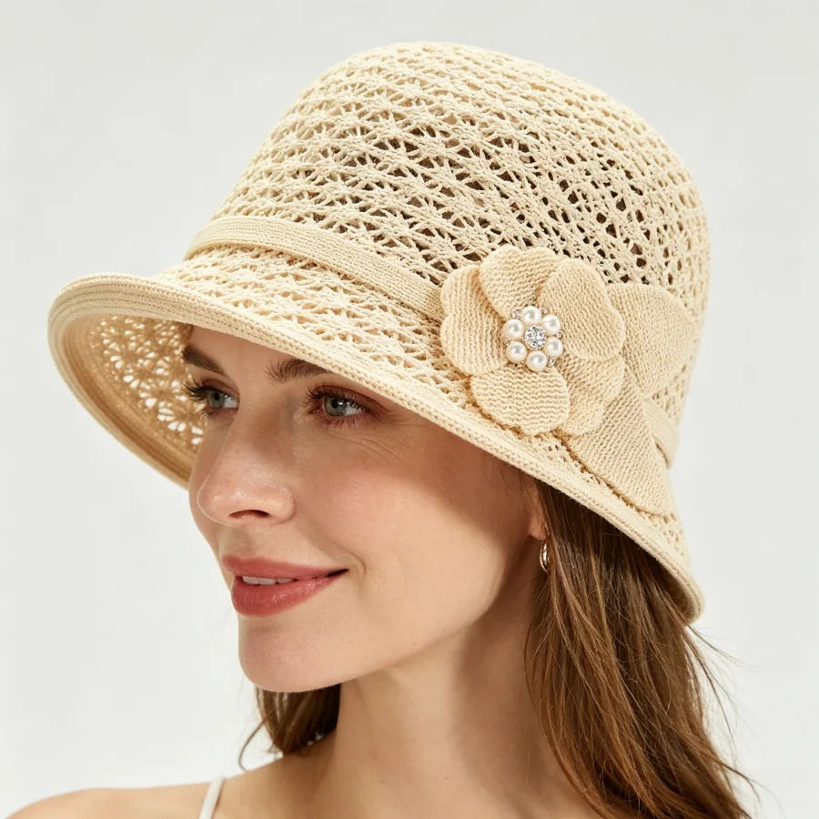 Korean-Style Ins-Style Hollow-Out Breathable Sun Hat with Three-Dimensional Floral Decoration, Gentle Style for Daily Outings, Summer Sun Protection Hat, Breathable and Not Stuffy