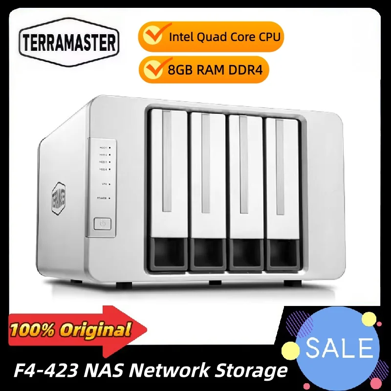 

TerraMaster F4-423 NAS 4 Bay Network Storage Server SMB Cloud Intel Quad Core CPU 8GB RAM DDR4 Network Storage Server (Diskless)